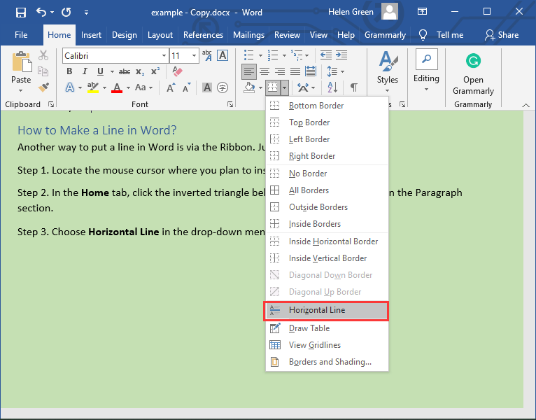 how to insert line in word document